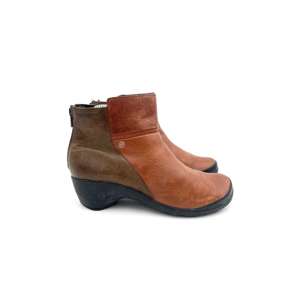 Merrell Two Tone Leather Ankle Booties Womens Size 8 Brown Comfort Back Zip